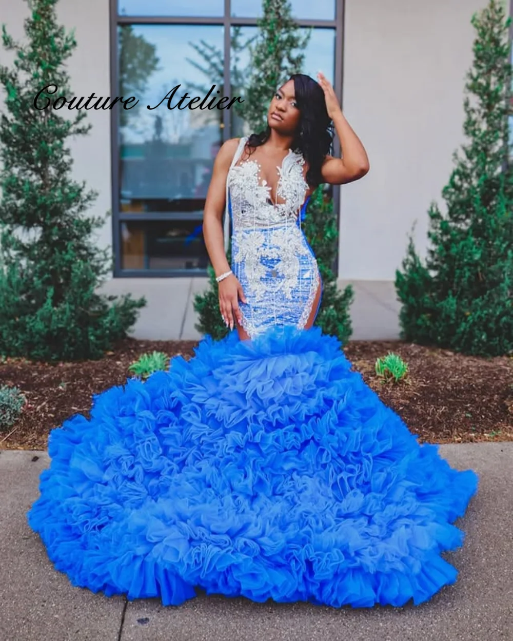 Abito da ballo a sirena con perline di cristallo increspate in tulle blu royal, per San Valentino, abito da compleanno, abito da cocktail per ragazza nera personalizzato