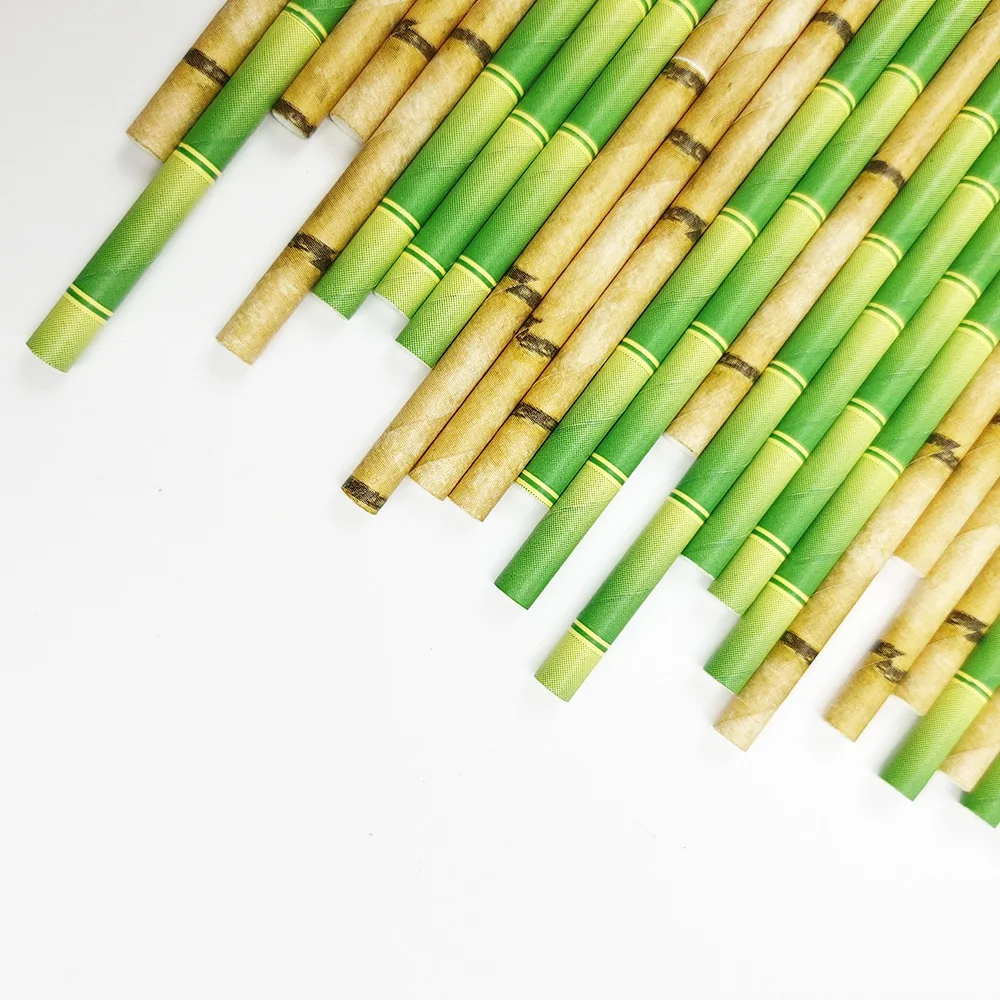 25Pcs Retro Chinese Style Imitation Bamboo Disposable Paper Straw Green Drinking Straw for Birthday Party Wedding Decor Supplies