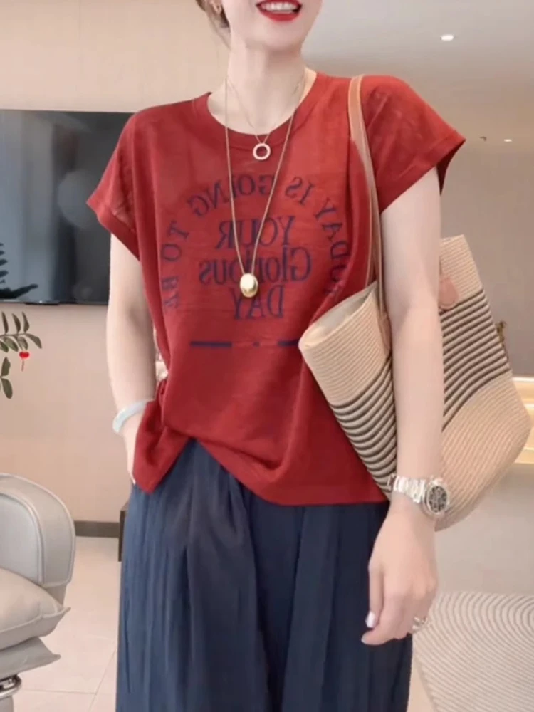 

Корейская летняя футболка с коротким рукавом и буквенным принтом, тонкая, с боковыми пуговицами, из ледяного шелка, трикотажная, базовая, омолаживающая, универсальная, летний топ