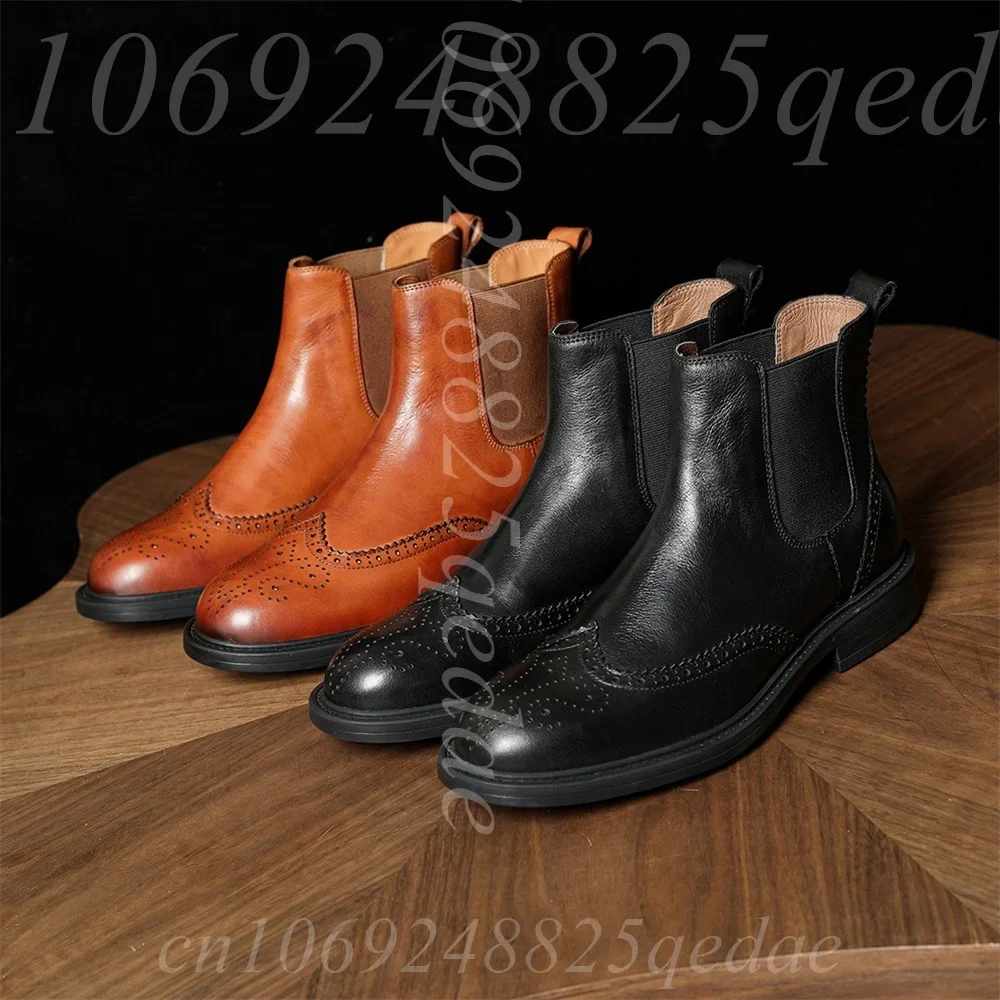 Chelsea Ankle Boots Brogue Wingtip Detail Elastic Side Band Pull Tab Non-Slip Rubber Sole, Comfortable Durable Footwear for Men