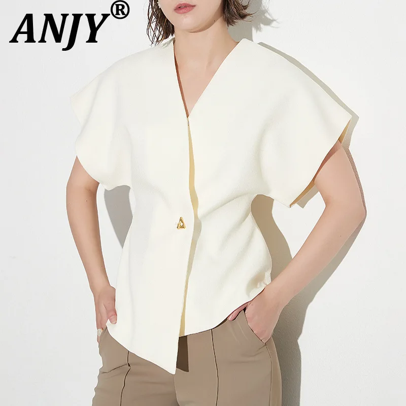 

ANJY 2026 Summer New Women Asymmetrical V-neck Single Button Short Sleeve Slim Fit Vest Tide Stylish Solid Color Tank Top A20630
