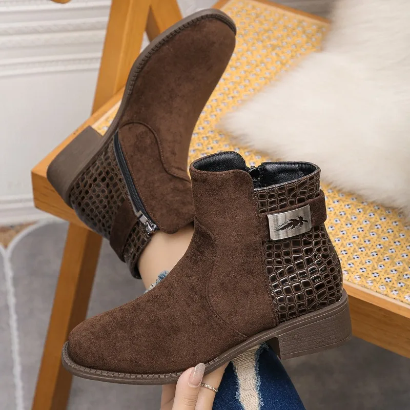 

Western Booties 2025 New Winter Women's Shoes Plus Fleece Naked Boots Metallic Temperament High-end