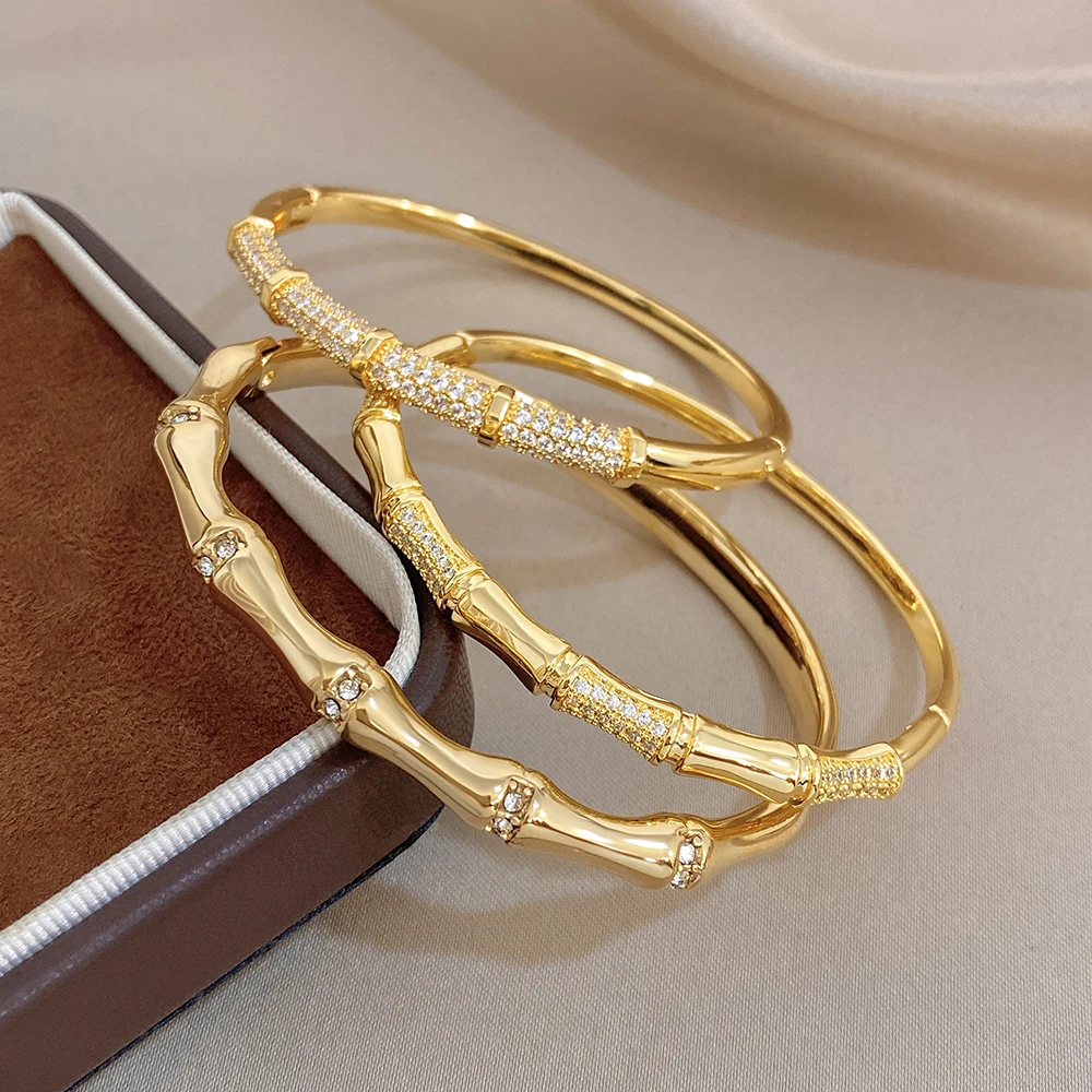 Elegantes, diamantbesetztes Armband in Knochen-Bambus-Form für Damen, klassisch vergoldet, glänzend, temperamentvolles Schmuckset