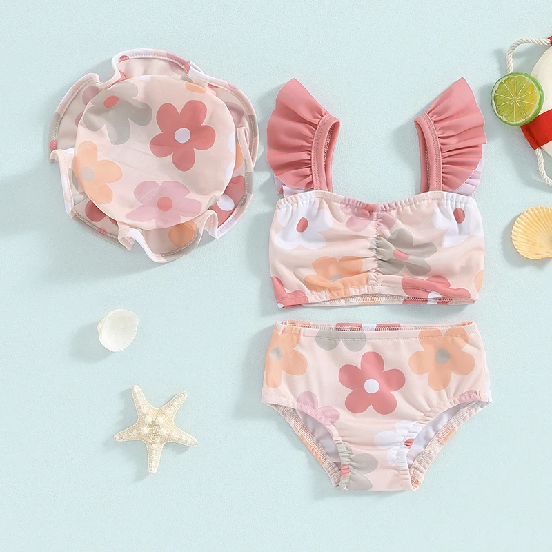 Toddler Baby Girl Swimsuits Sleeveless Floral Print Bikini Sets Summer Beach 3 Piece Bathing Suit