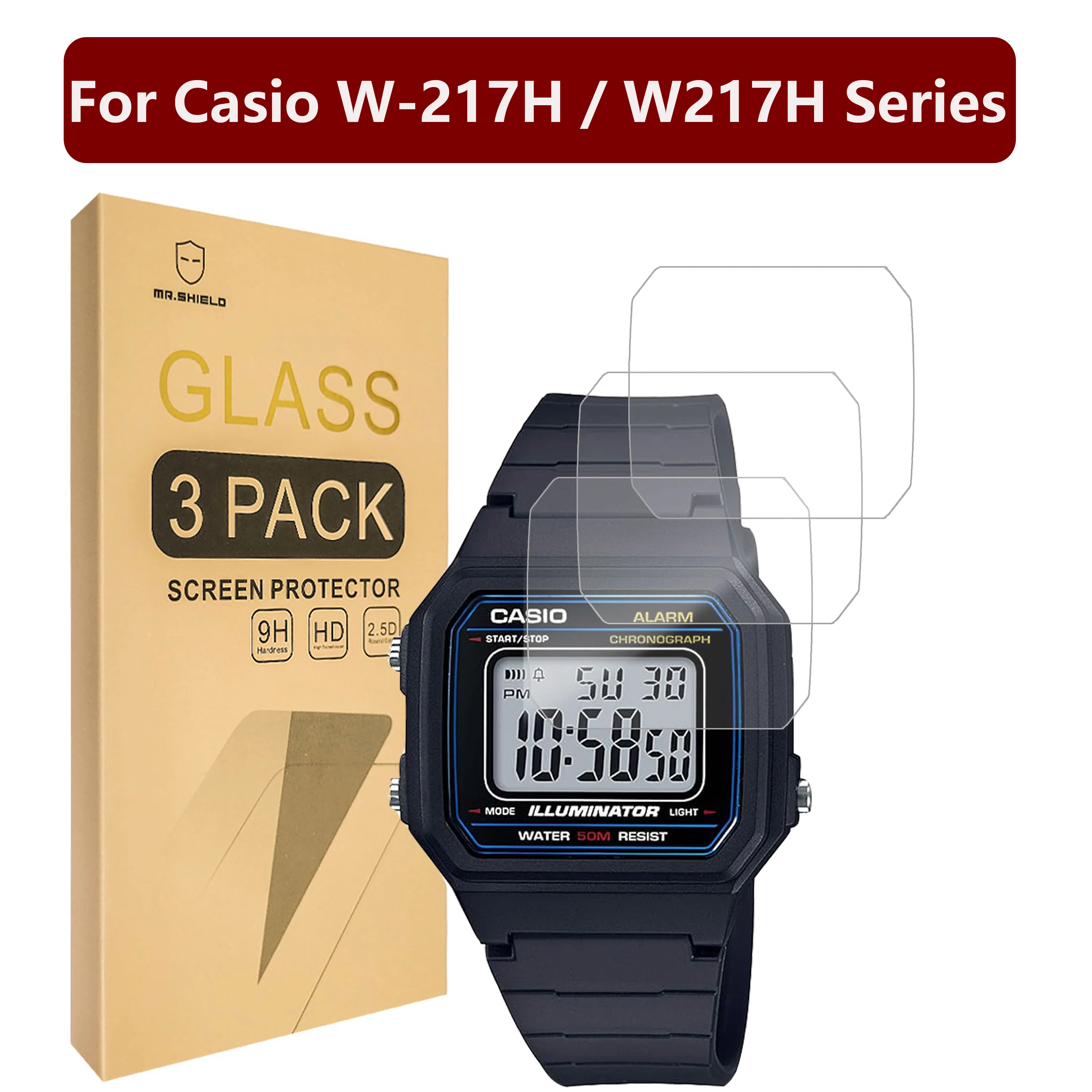 

Защитная пленка для экрана Mr.Shield, совместимая с сериями Casio W-217H / W217H [Закаленное стекло] [3-PACK] [Японское стекло с твердостью 9H]