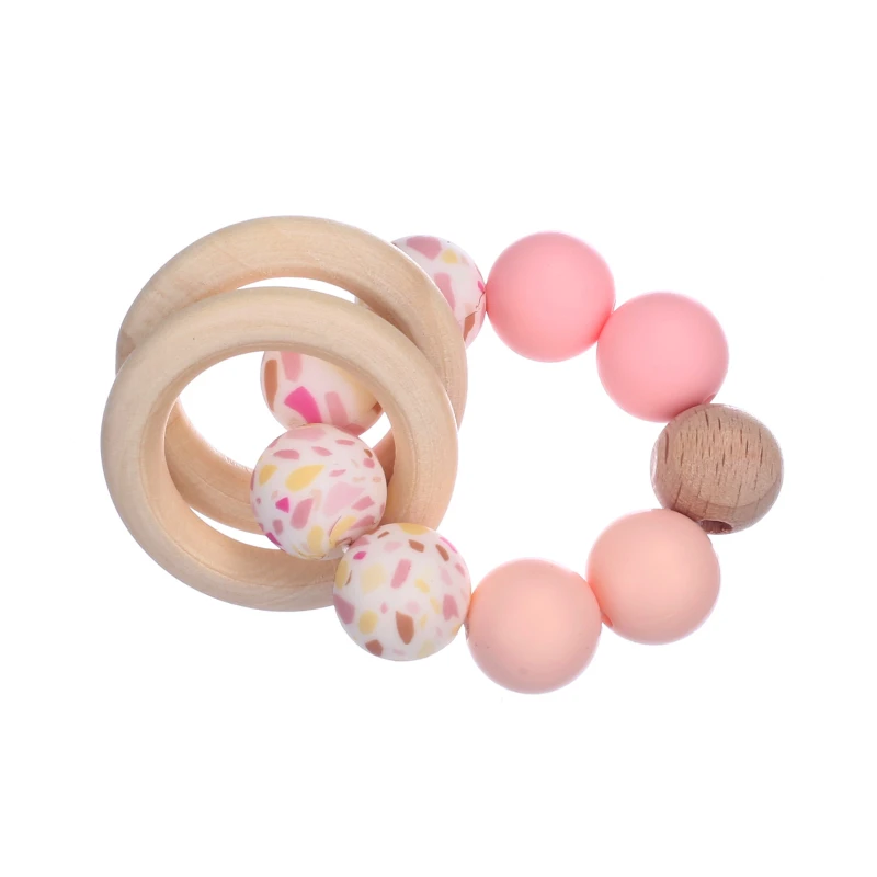 1Pcs Baby Leopard Print Silicone Round Bead Bracelet Beech Wood Teething Round Ring For Baby Nursing Teether Rattle Toy BPA Free