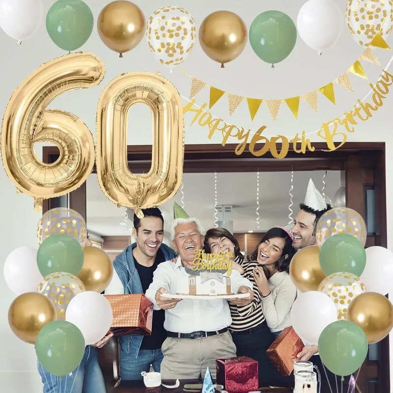 Salbei grün Gold weiß 60. Geburtstag Dekorationen für Geburtstag Luftballons alles Gute zum 60. Geburtstag Banner Kuchen Topper 60 Jahre altes Dekor – Detail 6