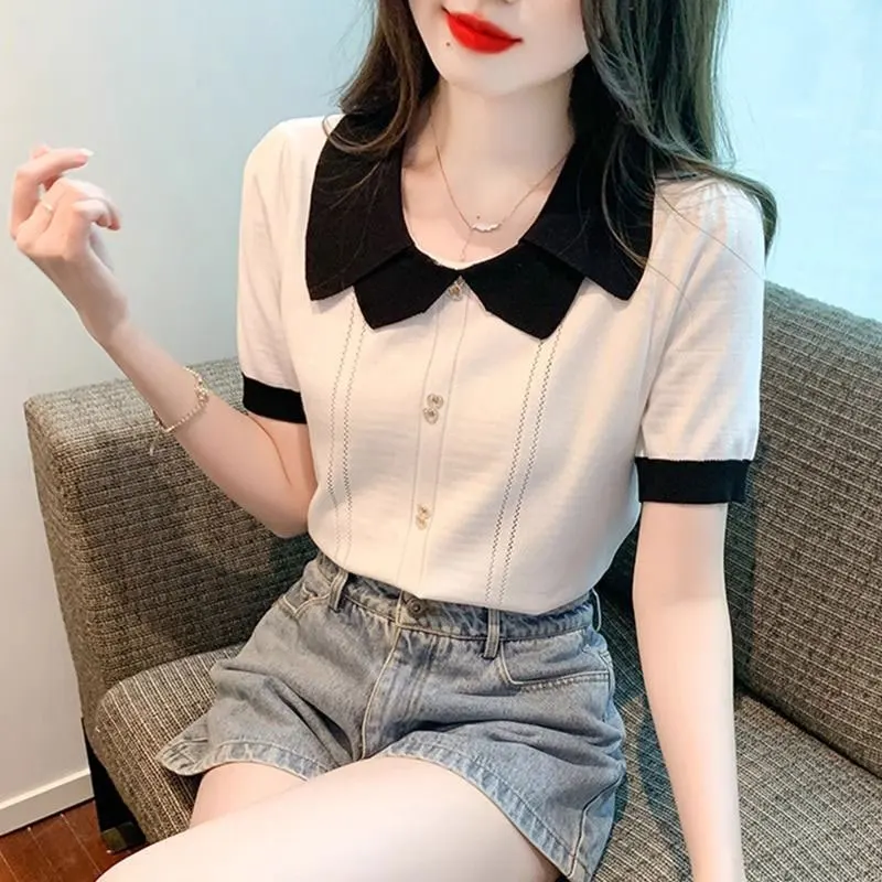 Women\'s Summer Casual Fashion Simplicity Doll Collar Short Sleeve T-Shirt Women Clothes Elegant All-match Temperament Slim Tops