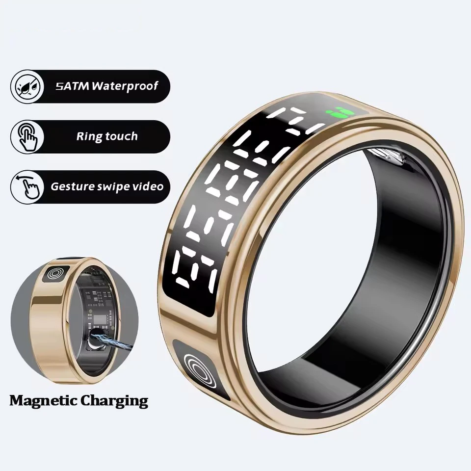 2026 Smart Ring mit Display und Touch-Funktion, kabelloses Laden, Gesundheitsmanager, 5 ATM wasserdicht für Herren und Damen Ringe R12 R11