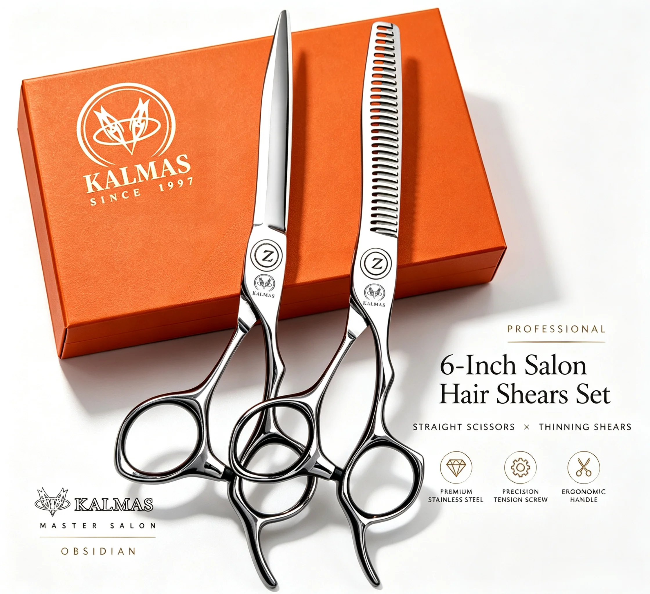 KALMAS 6 Inch Professional Barber Hairdressing Shears Set VG10 Steel Cutting Thinning Scissors Salon Kit for Stylists