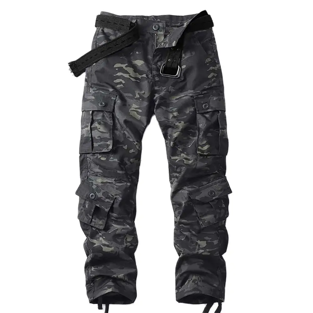 Classic Black Camouflage Cargo Pants Men Loose Baggy Trousers Straight Pocket Density Fabric Streetwear Clothes