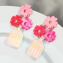 Creative Fantasy Flower Water Bottle Acrylic Earrings for Women Sweet Fashion Laser Vase Long Dangle Earring Retro Jewelry Gifts