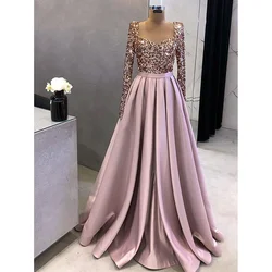 Luxury Sequined Evening Dresses for Women Fashion Long sleeves Sweetheart A-line Satin Wedding Party Gowns Chic Prom Dresses