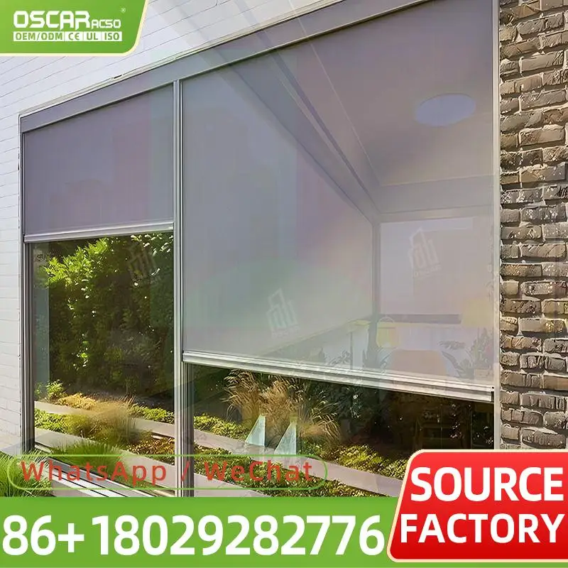 Electric Motorized Outdoor Window Awning Zip Track Zipscreen Sunshade Roller Shades Aluminum Alloy Frame for Patio Balcony Garde