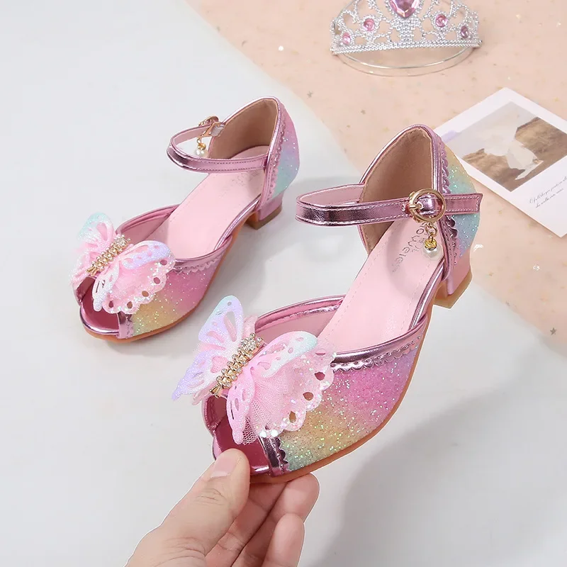 Chaussures princesse élégantes pour filles, sandales à talons hauts pour enfants, paillettes douces, papillon, mode polyvalente, bout ouvert, chaussures de fête pour enfants, nouveau