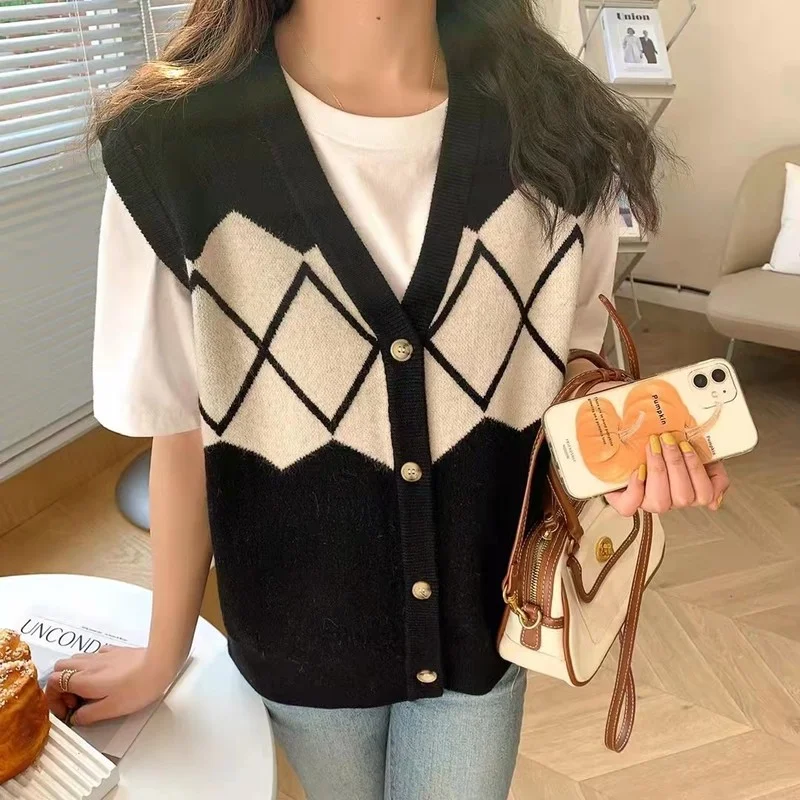 سترة سترة المرأة الخريف نمط Preppy النسخة الكورية فضفاضة Argyle تصميم ريترو مترهل الشارع ارتداء شيك شعبية كل مباراة صالح