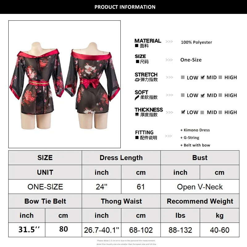 Japanese Kimono Women Sexy Lingerie Sleepwear Bathrobe Maid Cosplay Deep V Strapless Cleavage Black Dress Costumes