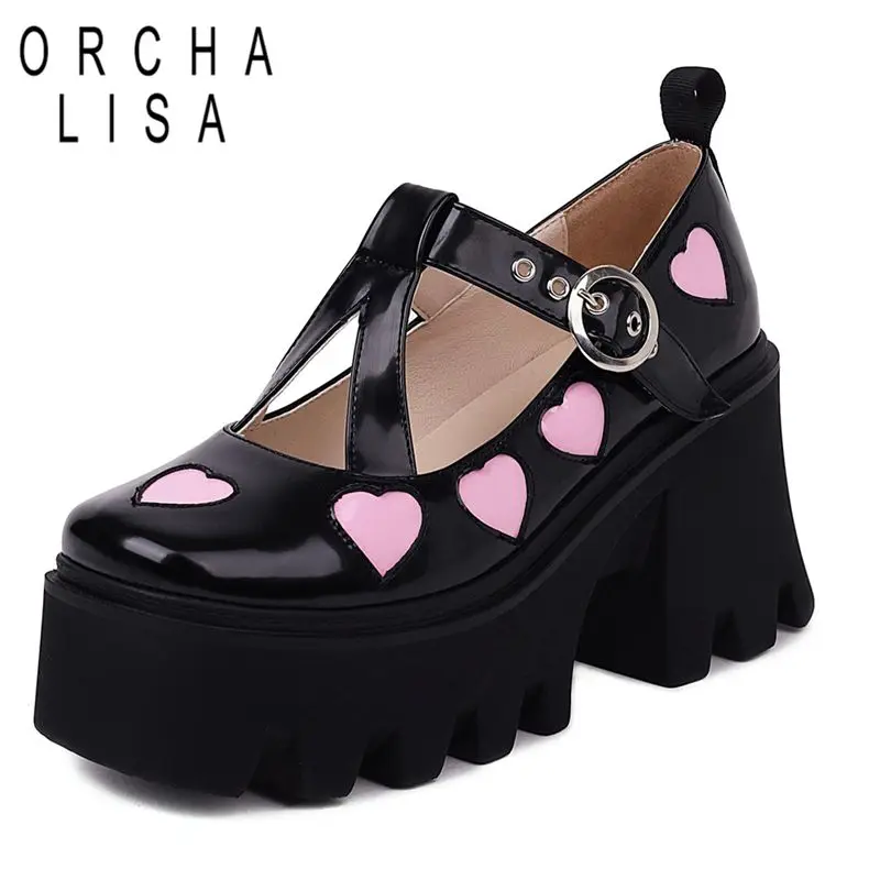 

ORCHA LISA 2025 Новый дизайн Женские туфли-лодочки с круглым носком на толстом каблуке 8,5 см Платформа Hill 4,5 см с Т-образным ремешком Разноцветное сердце Большой размер 42 43