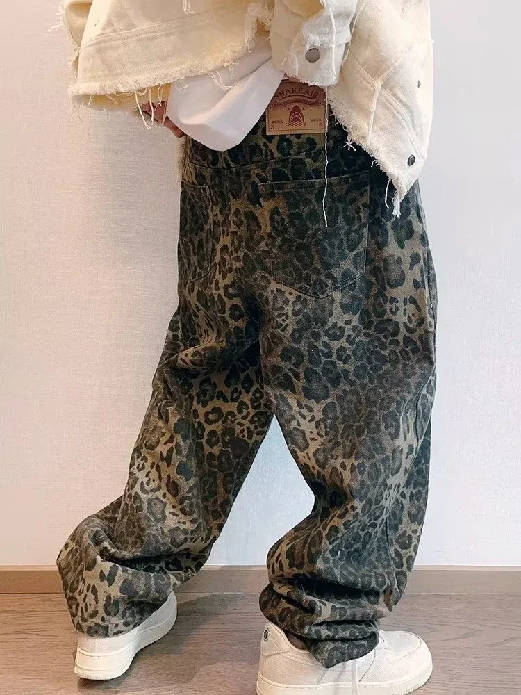 Jeans Tan Leopard masculino, calças jeans grandes masculinas, calças de perna larga, streetwear, hip-hop, roupas vintage, soltas, casual