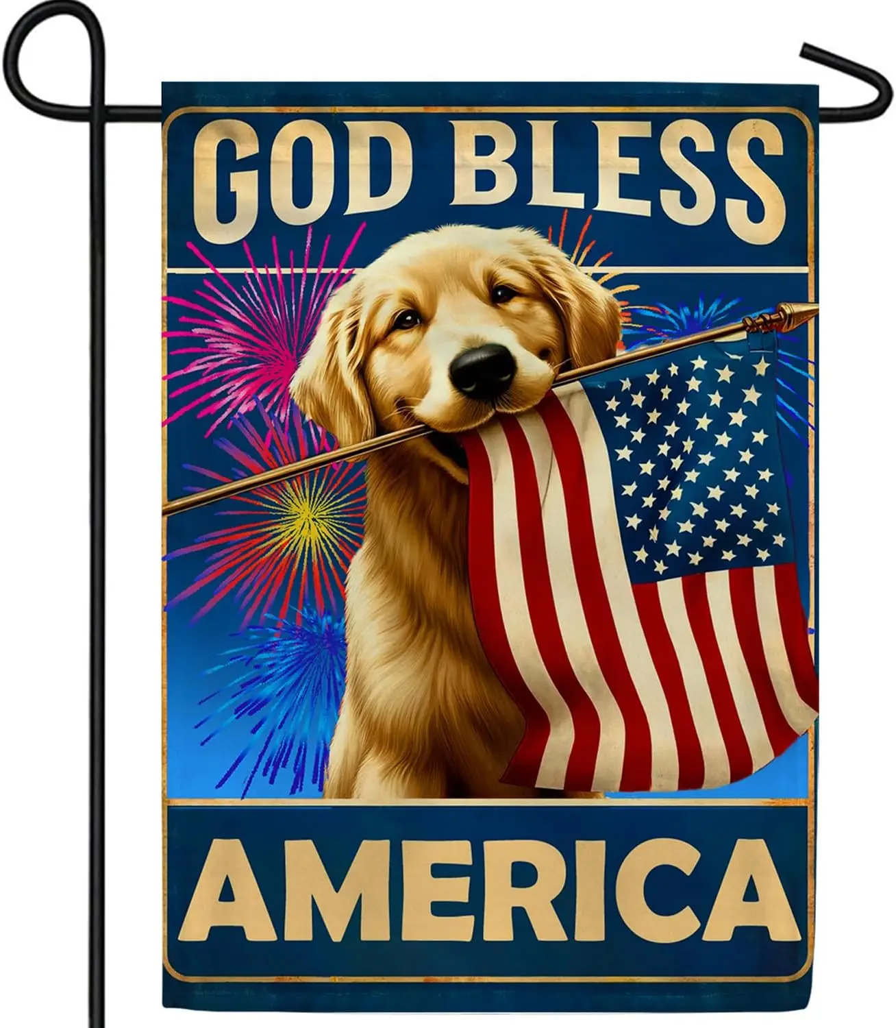 America Forever God Bless America Dog Garden Flag, 12.5x18 inch Double Sided, 4th of July Golden Retriever, Fourth of July Memor