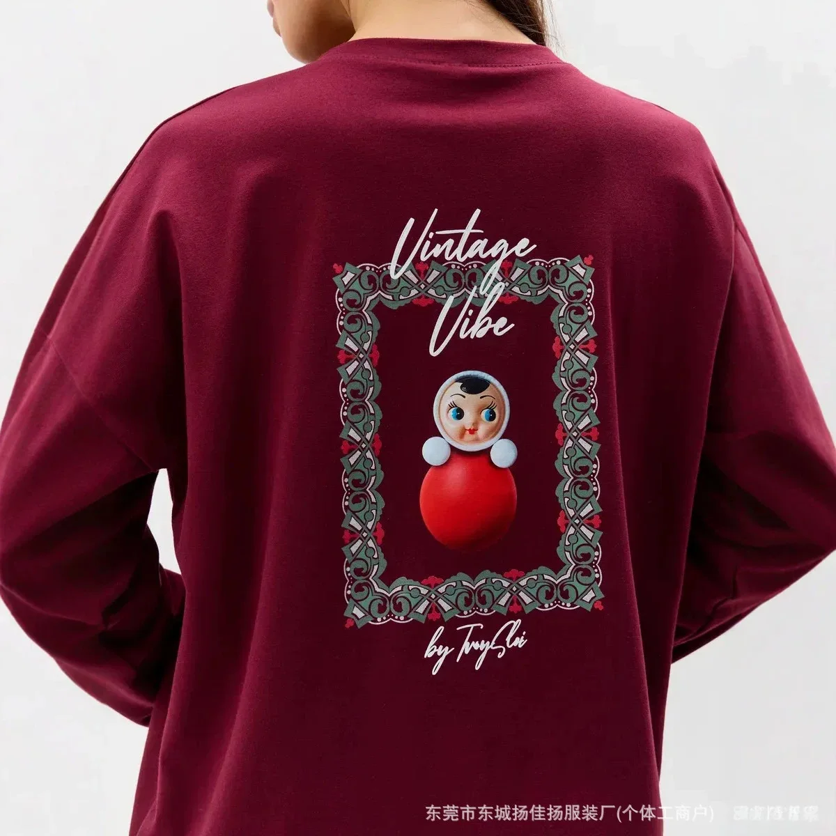 Wine Red Slavic Retro Aesthetic Long‑Sleeve Tee 100% Cotton Crew Neck Oversized T‑Shirt Russian Roly‑Poly Toy Cute Cartoon Tops