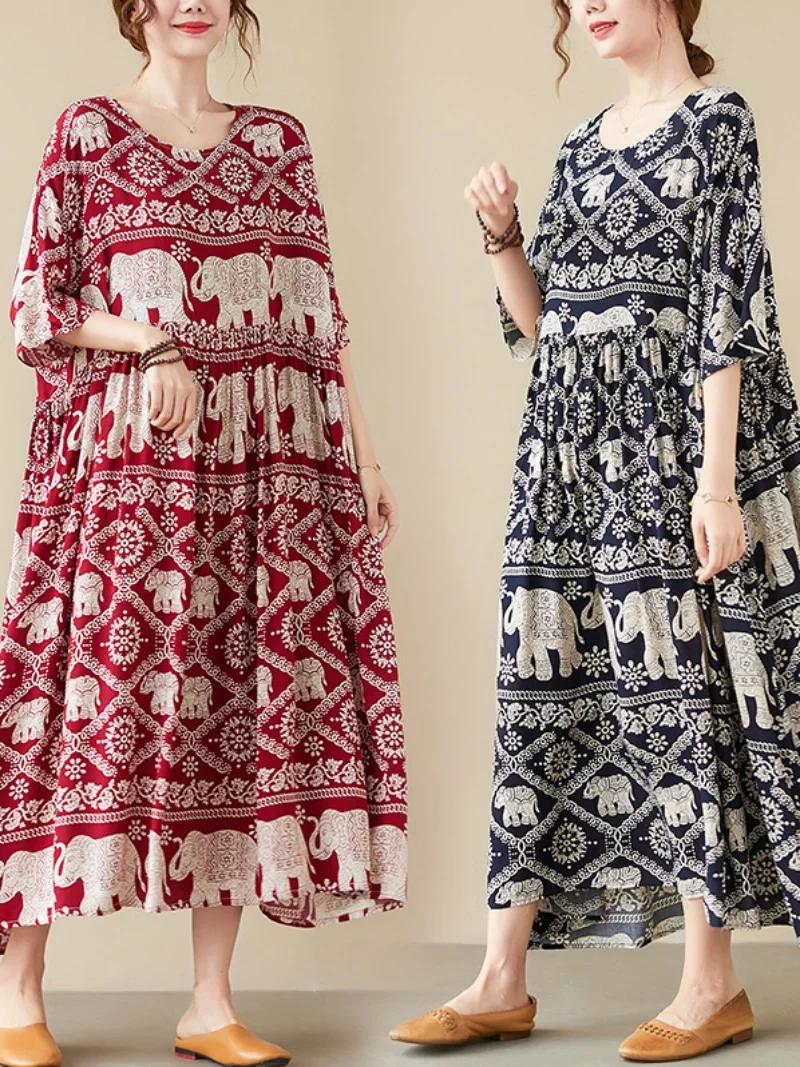 Summer Loose Silken Floral Long Dr Vintage A-Line Skirt Women's plus Size Clothing Comfortable Wide Hemline Retro Sle