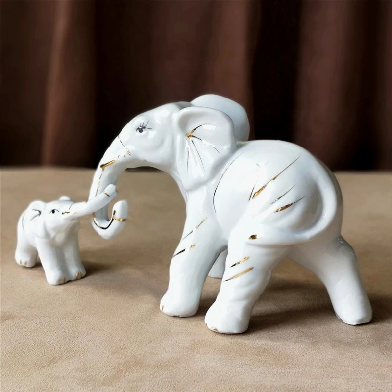 Porcelain Disport Elephant Sculpture Ceramic Father Statue Son Ornament Craft Decor Gift for Father's Day