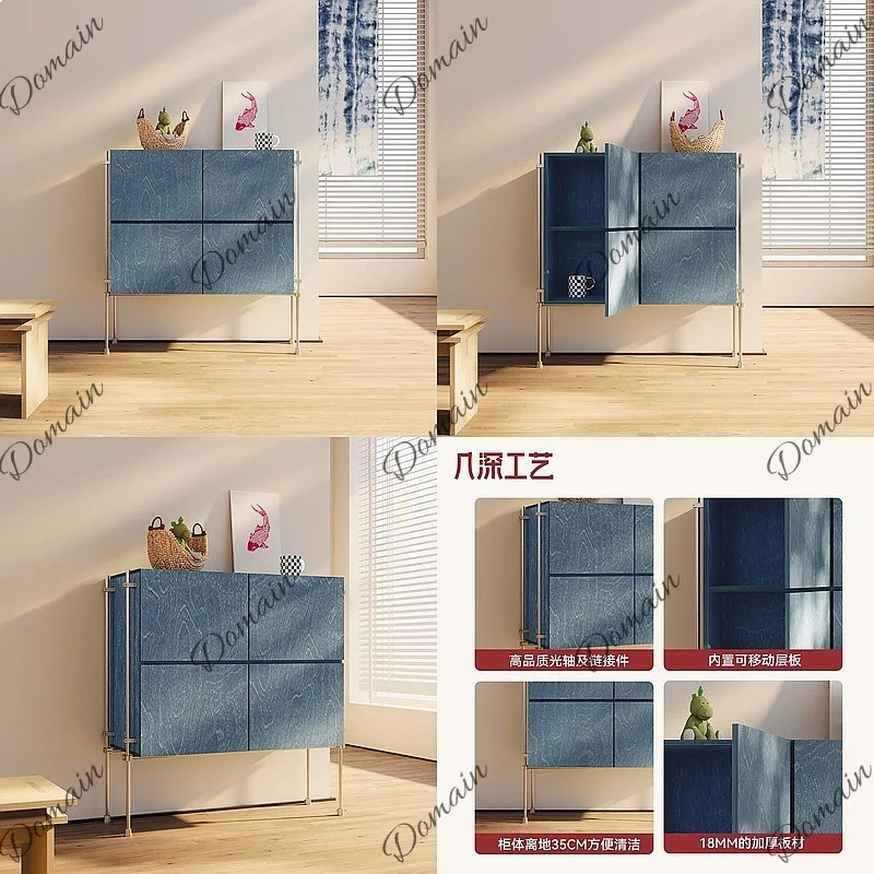 Bauhaus Vintage Blue Narrow Sideboard Marine Plywood Waterproof Moisture-Proof Entryway Cabinet