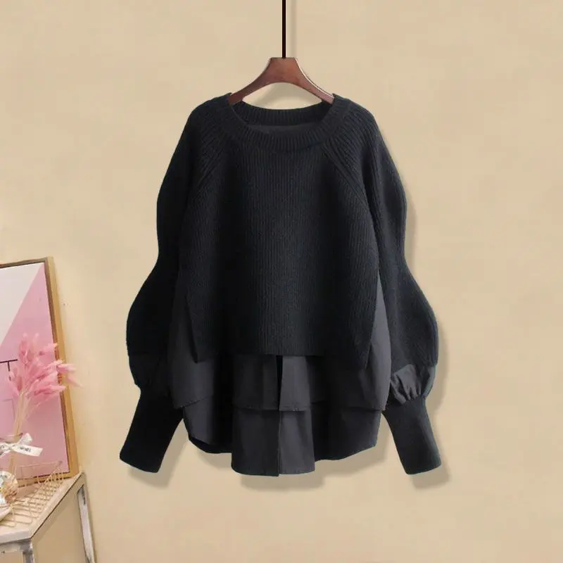 Fashion Solid Color Patchwork Knitted Jumpers Female Clothing Korean Loose Spring Autumn Casual All-match Long Sleeve Sweaters