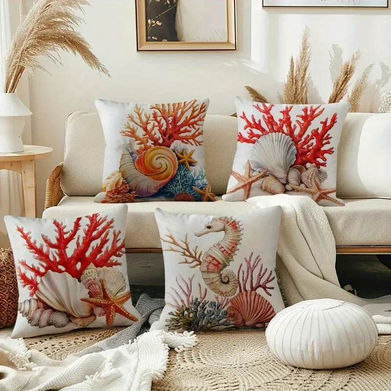 Set of Four Beach Ocean Decor Throw Pillow Covers - Nautical Seashell, Coral, and Sea Creature Designs for Coastal Home