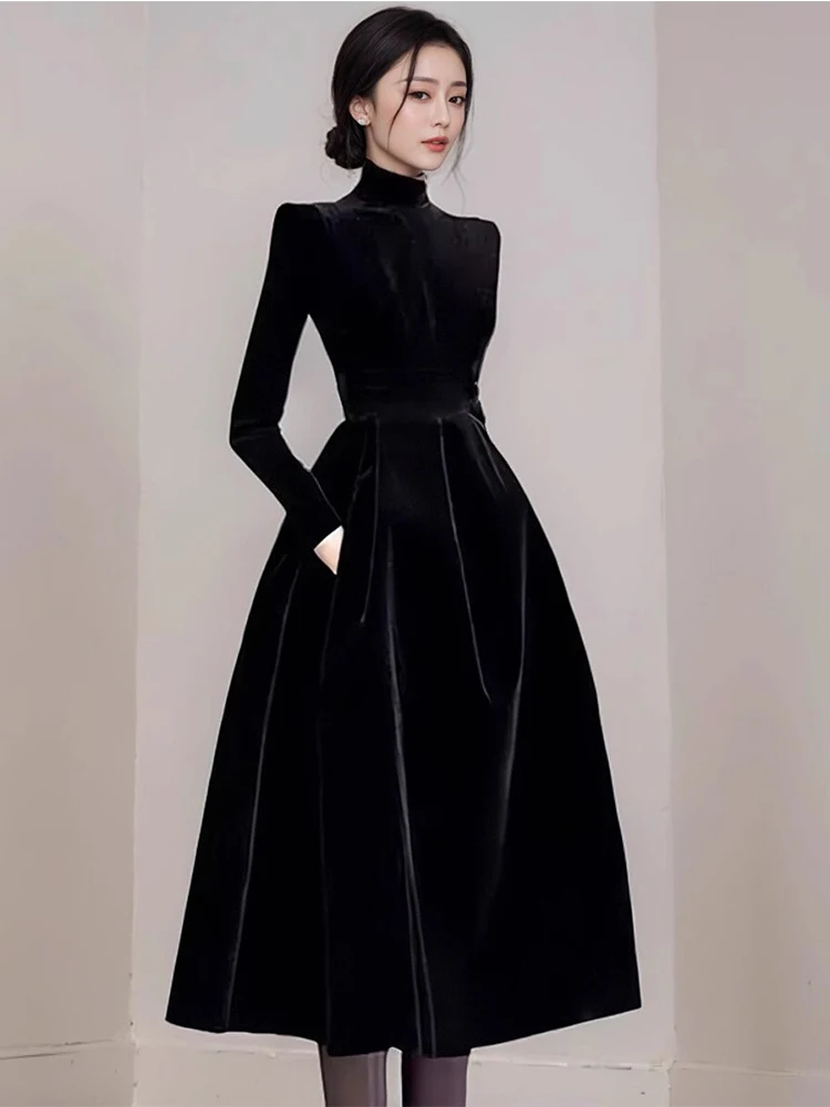 

Ele Bla Long Sve Evening Gown Stand Collar Formal Ball Dr for Women High End Faionable mid Waist a Line Skirt