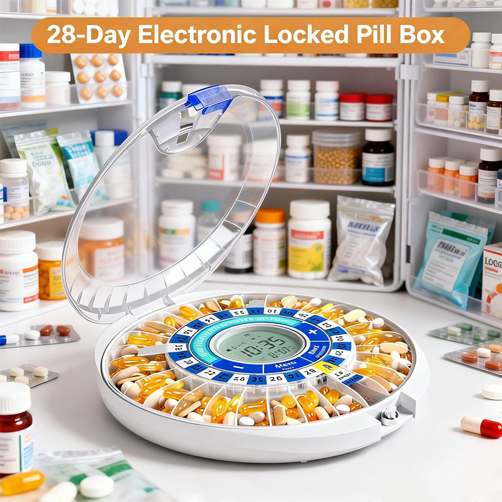 

Электронный контейнер для таблеток на 28 дней с замком, автоматический дозатор для пожилых людей с сигнализацией, звуковыми и световыми напоминаниями о приеме лекарств