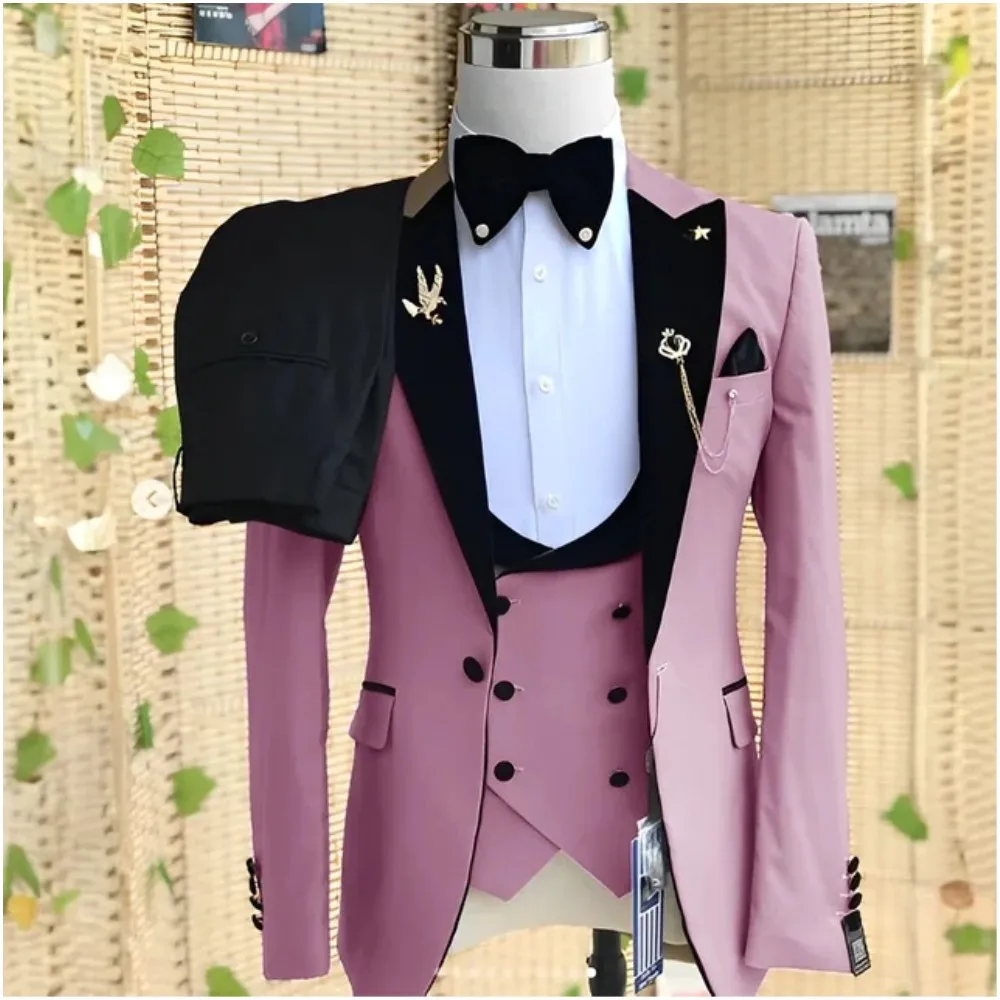 

Pink Wedding Suits for Groom 3 Pieces Black Peaked Lapel Men Blazer Tuxedos Suit costume homme pour mariage Jacket+Vest+Pants