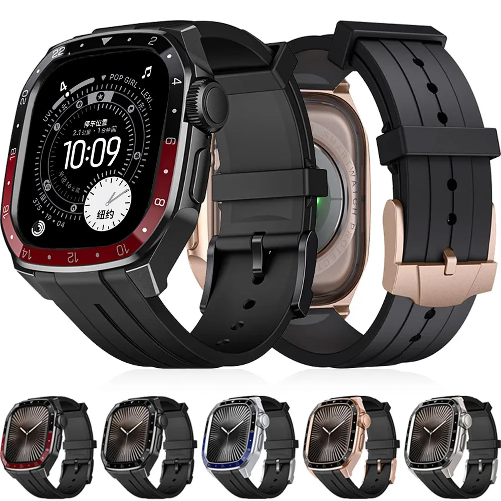 

Металлический корпус + силиконовый ремешок для Apple Watch Series 11 46 мм, роскошный интегрированный прочный защитный чехол для браслета IWatch 10 46 мм