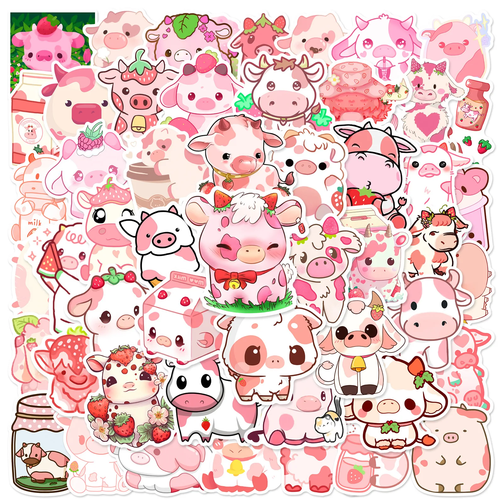 50Pcs Cute Pink Cow Cartoon Decals Graffiti Vinyl Waterproof Stickers for Adults Teen Decorated Suitcase Water Bottle DIY Phone