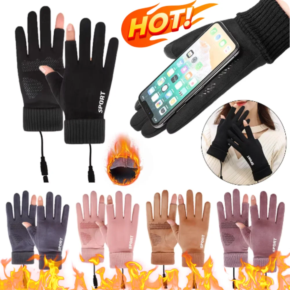 Touch Screen Electric Heated Hand Warmer Windproof USB Rechargeable Heating Thermal Gloves 2 Finger Heated Gloves for Women Men