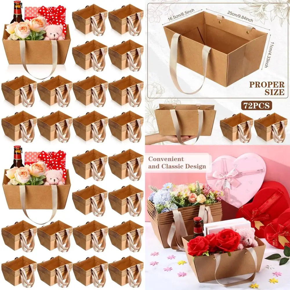 

72-Pack Waterproof Kraft Gift Baskets with Handles, 9.8x6.5x4.3'' for Wedding, Party, Christmas, Valentine's (Brown)