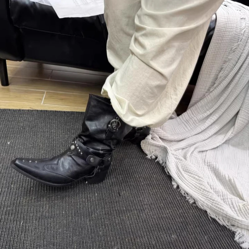 New Belt Buckle Ankle Boots For Women Cowboy Western Boots For Women Slip-On Thick High Heels Boots Women Party Botines Mujer