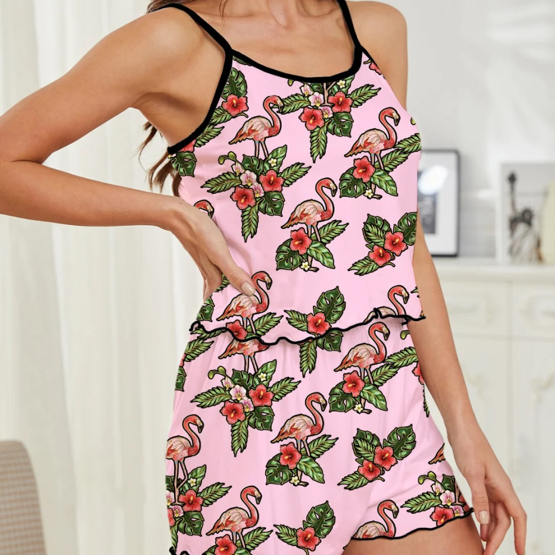 

Sexy Lace Halter Pajamas Summer Cartoon Bear Women's Home Wear Two-Flamingo Bird Print Spaghetti Strap Pajamas Summer Ppiece Set
