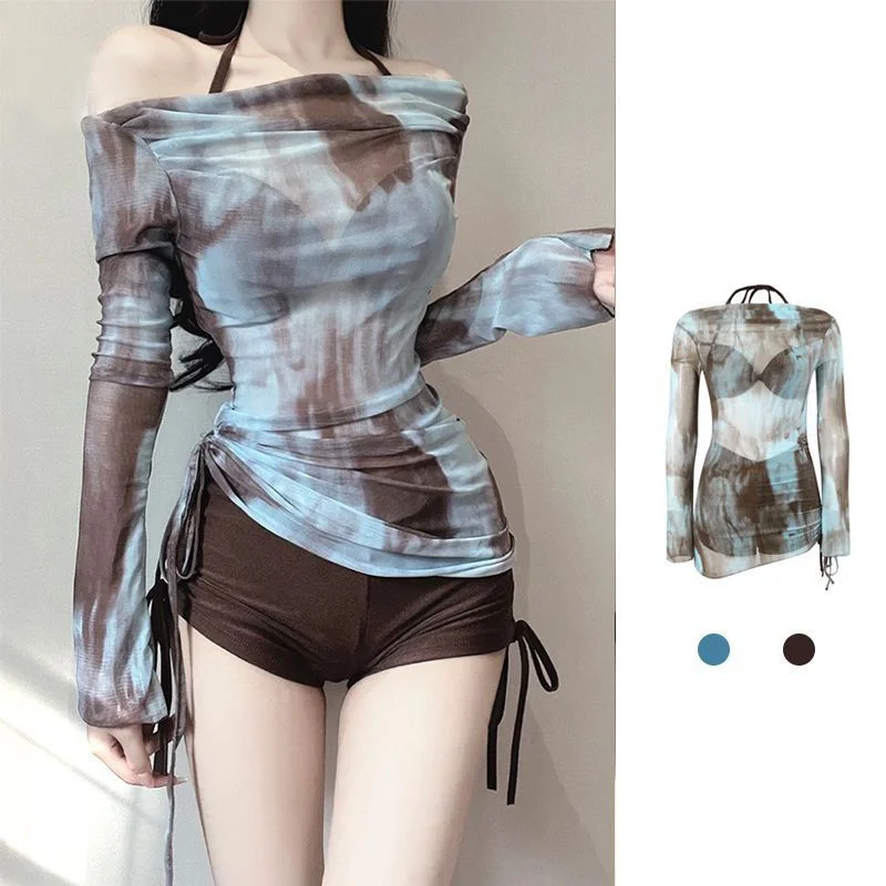 2024 New Korean Summer Sexy Women\'s Bikini Sets Push-up Gauze Tie-dye Padded Bra Swimsuit Two Pieces Swimwear Beachwear Costume