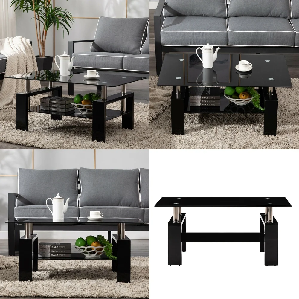 

Café TablesModern Black Glass Coffee Table with Wood Shelf for Living Room