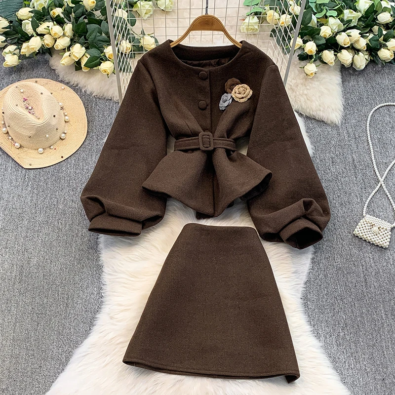 French style round neck single breasted bubble sleeve with belt jacket+slim fit A-line short skirt elegant two-piece set