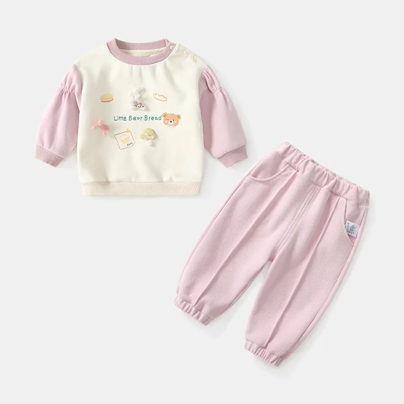 Kawaii Cartoon Cute Korean Style Spring Autumn Baby Outfit Round Neck Two-Piece Sets for Outings Home Children's Clothing