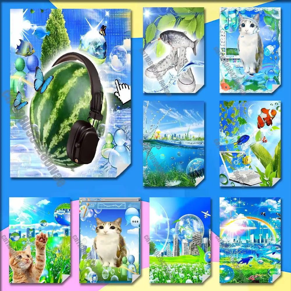 F-Frutiger Aero Fish Cat Poster Sticker For Home Decoration 10x15cm Self-adhesive Souvenirs Playbill Cover