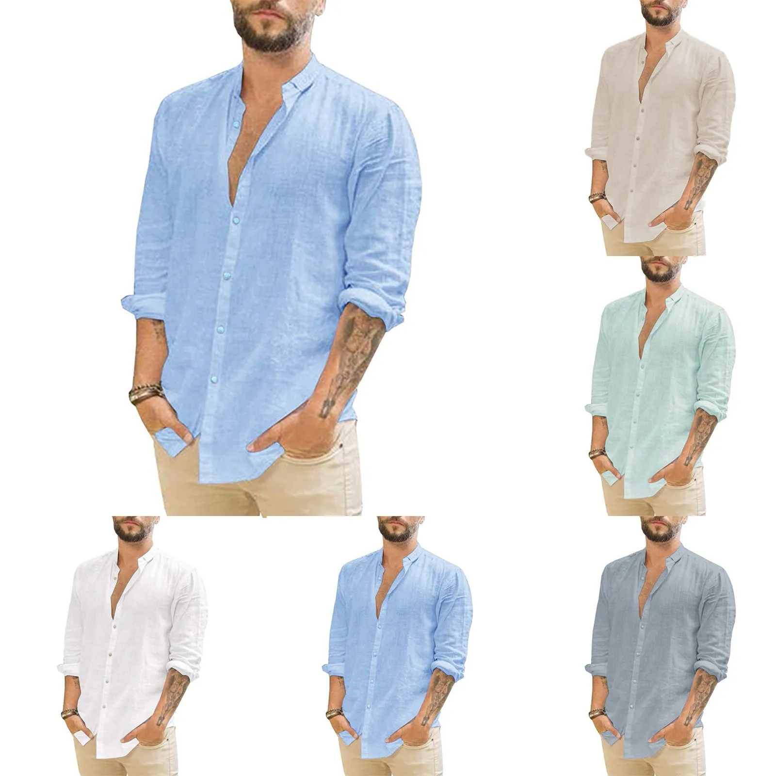 

Cotton And Linen Men's Shirts Summer Solid Color Turndown Collar Long-Sleeved Casual Tops Beach Style Plus Size Loose Shirt