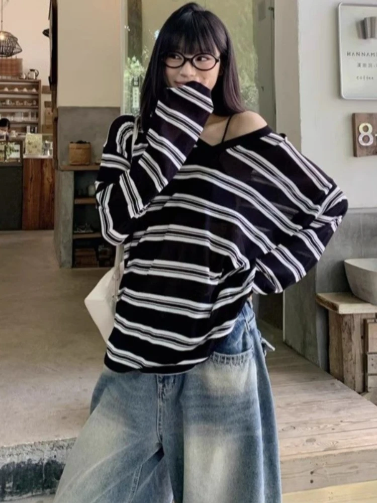 Y2k Aesthetics Contrast Color Stripes T-shirt Sun Protection Streetwear Grunge Casual Tshirts Women Harajuku Vintage Loose Tops