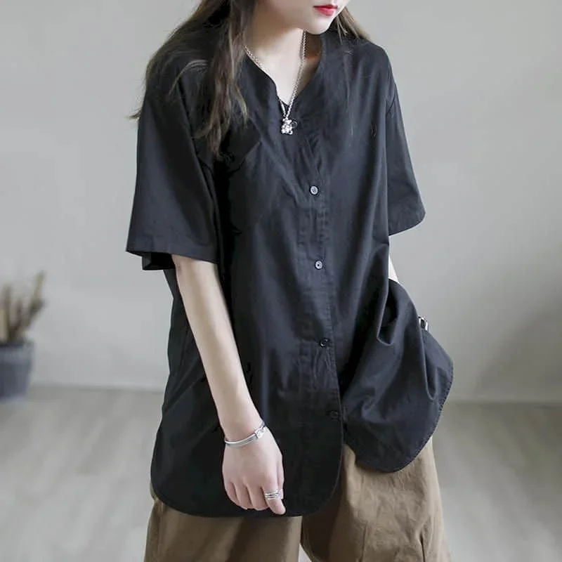 Camisas para mulheres de algodão tamanho grande verão fino manga curta 2024 novo sólido solto casual coreano moda blusa feminina escritório topos