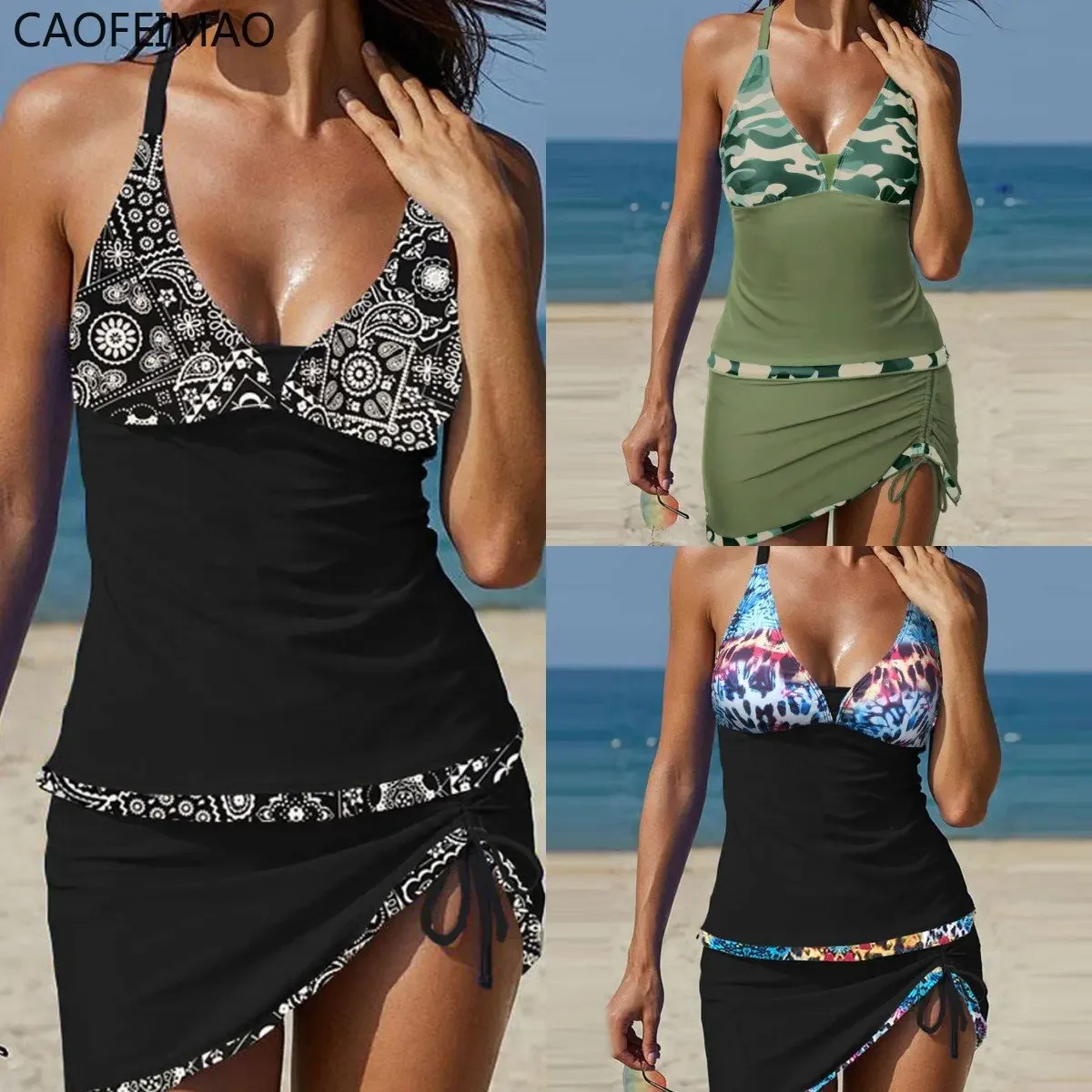

2025 Caofeimao Popular Women Sexy Vest Print Trend Set Cleavage Summer Vacation Bikini One Piece Swimsuit Women Swimwear