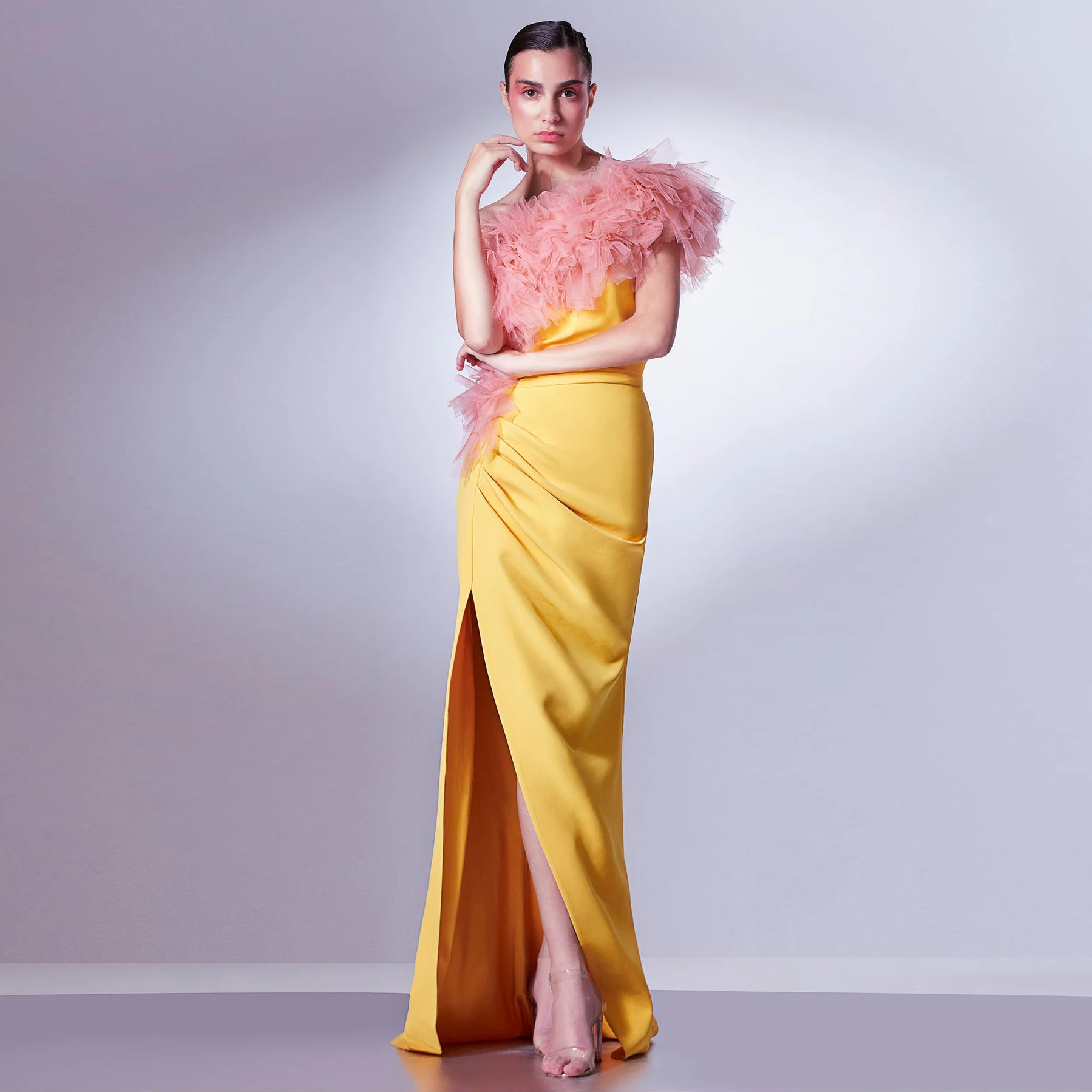 

Pink And Yellow Prom Gown Ruffle Lush Straigt vestido de festa Long Prom Gowns 2024 Off the Shoulder Maxi Dresses Side Split