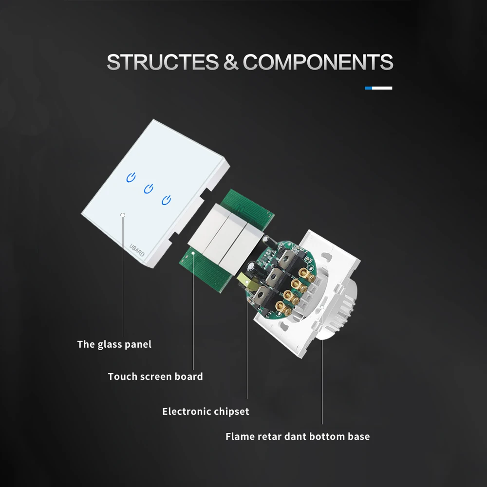 UBARO Eu AC100-240V Tempered Black White Crystal Glass Touch Switch Panel Wall Light Sensor Button 1/2/3 Gang 10A Led Indicator